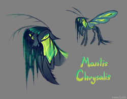 Size: 811x629 | Tagged: safe, artist:emobricosss, part of a set, queen chrysalis, changeling, changeling queen, mantis, mantis pony, g4, alternate design, antennae, blue teeth, bug anatomy, bust, carapace, claws, colored sclera, colored sketch, colored teeth, fangs, female, floppy ears, gray background, gray coat, green eyes, green mane, green sclera, green text, insect wings, lineless, long mane, mantis claws, mantis wings, narrowed eyes, redesign, shiny mane, signature, simple background, sketch, slender, solo, standing, text, thin, thin legs, wall of tags, wings