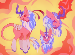 Size: 3556x2605 | Tagged: safe, artist:devogamer2, oc, oc only, oc:blinkhorn, kirin, abstract background, artfight, big ears, blue mane, blue tail, bust, choker, cloven hooves, coat markings, colored hooves, colored pupils, ear fluff, eyelashes, fangs, female, female oc, floppy ears, gift art, glowing, glowing horn, hair tie, high res, hooves, horn, kirin oc, leonine tail, lineless, long tail, looking at you, magic, mare, mare oc, no catchlights, open mouth, open smile, profile, purple hooves, purple pupils, red coat, red eyes, red magic, shiny hooves, signature, smiling, smiling at you, socks (coat markings), standing, tail, thin tail, three toned mane, three toned tail