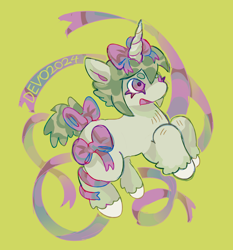 Size: 2228x2392 | Tagged: safe, artist:devogamer2, oc, oc only, oc:zamvino, pony, unicorn, ambiguous gender, artfight, beanbrows, bow, chubby, colored eyebrows, colored eyelashes, colored hooves, colored pinnae, colored sketch, eyebrows, fringe, gift art, green background, green coat, green mane, green tail, hair accessory, hair bow, hooves, horn, mane accessory, open mouth, open smile, pink bow, purple eyelashes, purple eyes, raised hooves, ribbon, shiny mane, shiny tail, short mane, short tail, signature, simple background, sketch, smiling, solo, tail, tail accessory, tail bow, unicorn horn, unicorn oc, unshorn fetlocks, white hooves