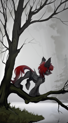 Size: 2000x3600 | Tagged: safe, artist:mithriss, oc, oc only, oc:julia_sunlight, pegasus, pony, chest fluff, choker, concave belly, ear tufts, female, forest, lake, mare, nature, raised hoof, raised leg, red mane, red tail, scenery, solo, standing, tail, tattoo, thin, tree, water, wings