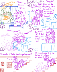 Size: 4779x6013 | Tagged: safe, artist:adorkabletwilightandfriends, moondancer, night light, spike, twilight sparkle, twilight velvet, oc, oc:lawrence, alicorn, pony, comic:adorkable twilight and friends, g4, adorkable, adorkable twilight, bed, bedroom, comic, cute, dad, dork, drool, early, garbage truck, mom, morning, neighborhood, parent, picture, picture frame, silly, sleeping, sleepy, slice of life, sliding, slippery, spikabetes, staircase, stairs, sunrise, tired, truck, twiabetes, twilight sparkle (alicorn), waking up, walking, yawn