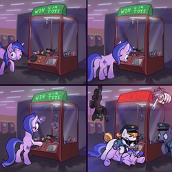 Size: 3042x3042 | Tagged: safe, artist:ciborgen, copper top, sea swirl, seafoam, earth pony, pony, unicorn, g4, 4 panel comic, arrested, bipedal, bipedal leaning, bits, charlie dompler, cheating, claw machine, comic, cuffs, female, glowing, glowing horn, gun, handgun, high res, horn, leaning, magic, male, mare, mickey mouse, mokey, mouth hold, numget, revolver, smiling friends, stallion, sunglasses, telekinesis