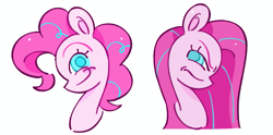 Size: 1211x603 | Tagged: safe, artist:shrimpnurse, pinkie pie, earth pony, pony, g4, alternate mane color, big grin, blue eyes, blue pupils, blush sticker, blushing, bust, colored eyebrows, colored pinnae, colored pupils, curly mane, duality, duo, duo female, eyelashes, female, frown, grin, long mane, mare, narrowed eyes, pink coat, pink mane, pinkamena diane pie, profile, self paradox, self ponidox, simple background, smiling, straight mane, striped mane, two toned mane, white background