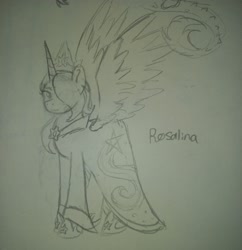 Size: 3000x3095 | Tagged: safe, artist:lindasaurie, derpibooru exclusive, alicorn, pony, clothes, crown, dress, female, horn, jewelry, mare, nintendo, one eye covered, ponified, princess rosalina, regalia, rosalina, shoes, sketch, smiling, spread wings, super mario bros., super mario galaxy, traditional art, wings