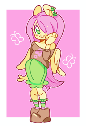 Size: 812x1189 | Tagged: safe, artist:shrimpnurse, fluttershy, human, g4, alternate eye color, blush sticker, blushing, boots, clothes, colored eyebrows, cute, ear piercing, eared humanization, earring, eyelashes, eyeshadow, female, frilly socks, green eyes, green skirt, hair over one eye, halftone, humanized, jewelry, kneesocks, lidded eyes, long hair, makeup, off shoulder, off shoulder sweater, partially open wings, passepartout, pencil skirt, piercing, pink eyeshadow, pink hair, raised arm, screentone, shiny hair, shoes, shoulderless, shyabetes, skirt, smiling, socks, solo, standing, straight hair, striped socks, sweater, thin, winged humanization, wings, yellow skin