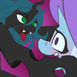 Size: 3000x3000 | Tagged: safe, artist:luanbang, queen chrysalis, trixie, changeling, changeling queen, g4, bedroom eyes, blushing, female, green eyes, horn, lesbian, meme, shipping, trixalis