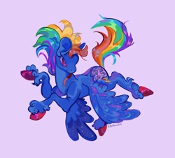 Size: 1112x1007 | Tagged: safe, artist:gothamsfinestdummy, rainbow dash, pegasus, pony, g4, alternate coat color, alternate cutie mark, alternate design, big ears, blue coat, colored hooves, colored lineart, colored pinnae, colored pupils, curly fetlocks, female, flowing mane, flowing tail, flying, hooves, long mane, long tail, mare, multicolored hair, multicolored mane, multicolored tail, narrowed eyes, pink eyes, pink hooves, purple background, purple pupils, rainbow hair, rainbow tail, raised hoof, raised leg, shiny hooves, shiny mane, shiny tail, shiny wings, signature, simple background, solo, sparkly wings, tail, underhoof, unshorn fetlocks, wings