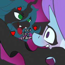 Size: 3000x3000 | Tagged: safe, artist:luanbang, queen chrysalis, trixie, changeling, changeling queen, unicorn, g4, blushing, female, green eyes, heart, horn, lesbian, purple eyes, shipping, text, trixalis