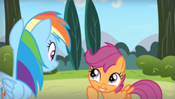 Size: 1027x578 | Tagged: artist needed, safe, anonymous artist, rainbow dash, scootaloo, pegasus, pony, comic:learn to fly, g4, cute, cutealoo, dashabetes, duo, female, filly, foal, grin, looking at each other, looking at someone, mare, scootalove, siblings, sisters, smiling, smiling at each other, spread wings, wings