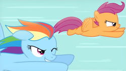 Size: 1028x578 | Tagged: artist needed, safe, anonymous artist, rainbow dash, scootaloo, pegasus, pony, comic:learn to fly, g4, cute, cutealoo, dashabetes, duo, female, filly, flying, foal, grin, mare, one eye closed, scootaloo can fly, scootalove, show accurate, siblings, sisters, smiling, smirk, wink