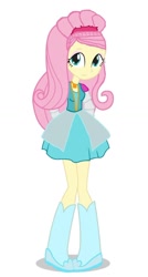 Size: 736x1376 | Tagged: safe, fluttershy, human, equestria girls, g4, boots, clothes, high heel boots, pigeon toed, shirt, shoes, simple background, skinny, skirt, solo, submissive, thin, white background