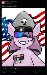 Size: 547x866 | Tagged: safe, artist:gorepuptech, pinkie pie, earth pony, g4, american flag, female, grin, hat, mare, peaked cap, pinkamena diane pie, punisher, smiling, solo, this will end in cupcakes