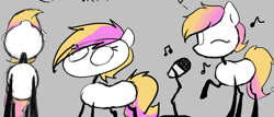 Size: 892x381 | Tagged: safe, artist:hazaplan, oc, oc only, oc:stickmare, earth pony, pony, female, magma.com, mare, microphone, music notes, numget, simple background, singing, sketch, solo, stickmare