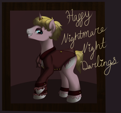 Size: 1280x1191 | Tagged: safe, artist:jillspencil, oc, oc only, oc:questrapolia, pony, unicorn, ask-questrapolia, crossdressing, dorian gray, female, horn, mare, nightmare night, solo