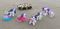 Size: 1280x617 | Tagged: safe, artist:dingopatagonico, rarity, spike, sweetie belle, dragon, unicorn, g4, clothes, dress, female, hetzer, horn, photo, siblings, sisters, tank (vehicle)