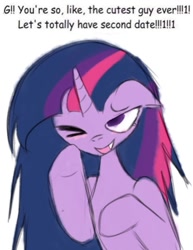 Size: 750x969 | Tagged: safe, artist:npcmoding, twilight sparkle, pony, unicorn, g4, blush lines, blushing, cute, fangs, female, floppy ears, horn, human shoulders, mare, meme, one eye closed, simple background, solo, unicorn twilight, white background, wink