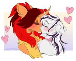 Size: 2500x2000 | Tagged: safe, artist:_candypone_, oc, oc only, oc:polina star, oc:yiazmat, dracony, dragon, hybrid, unicorn, bust, chest fluff, couple, duo, french kiss, gradient background, heart, horn, hybrid oc, kiss on the lips, kissing, scar, ship:polinazmat, shipping, unicorn oc