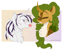 Size: 2500x2000 | Tagged: safe, artist:_candypone_, oc, oc only, oc:eldorada, oc:yiazmat, kirin, unicorn, :p, amused, chest fluff, couple, duo, gradient background, happy, horn, kirin oc, passepartout, scar, shipping, silly, tongue out, unicorn oc, yiarada