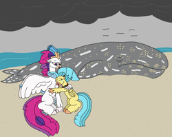 Size: 2924x2328 | Tagged: safe, artist:supahdonarudo, princess skystar, queen novo, classical hippogriff, hippogriff, whale, g4, beach, beached, cloud, cloudy, comforting, crying, dead, female, hug, jewelry, mother and child, mother and daughter, necklace, ocean, sad, sadness, sand, tearjerker, water