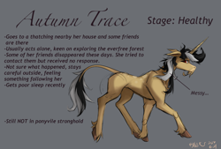 Size: 1600x1080 | Tagged: safe, artist:行豹cheetahspeed, oc, oc only, oc:autumn trace, pony, unicorn, alternate design, black and white mane, concave belly, female, horn, infection au, leonine tail, looking back, messy mane, orange eyes, realistic horse legs, solo, tail, thin, unshorn fetlocks, yellow skin