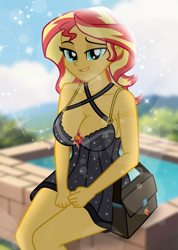 Size: 1422x2000 | Tagged: safe, artist:emeraldblast63, sunset shimmer, human, equestria girls, g4, adorasexy, big breasts, breasts, busty sunset shimmer, cleavage, clothes, cute, dress, female, lens flare, lidded eyes, looking at you, purse, sexy, shimmerbetes, sitting, smiling, solo, sparkles, stupid sexy sunset shimmer