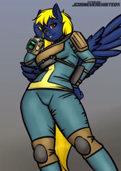 Size: 2893x4092 | Tagged: safe, artist:jcosneverexisted, oc, oc only, oc:naveen numbers, pegasus, pony, anthro, clothes, fallout, female, gradient background, pose, solo