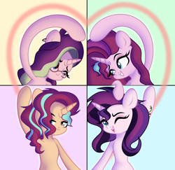 Size: 4000x3880 | Tagged: safe, artist:morello, oc, oc only, oc:dawn light (ice1517), oc:dusk fire (ice1517), oc:evening glitter, oc:shadow shine, pony, unicorn, icey-verse, bipedal, brother and sister, commission, ear piercing, earring, female, glasses, grin, heart, horn, human shoulders, jewelry, magical lesbian spawn, male, mare, multicolored hair, offspring, one eye closed, open mouth, parent:starlight glimmer, parent:sunset shimmer, parents:shimmerglimmer, piercing, siblings, sisters, smiling, stallion, tattoo, twins, wink, ych result