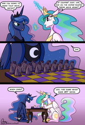 Size: 1582x2328 | Tagged: safe, artist:omny87, princess celestia, princess luna, alicorn, pony, g4, 2024, 3 panel comic, board game, cel shading, chess, chess piece, colored, comic, confused, confusion, crown, duo, duo female, english, female, glowing, glowing horn, gradient background, height difference, hoof shoes, horn, jewelry, knight (chess), magic, magic aura, mare, patreon, peytral, princess shoes, reality ensues, regalia, royal sisters, shading, siblings, sisters, sitting, speech bubble, table, talking, telekinesis, wings