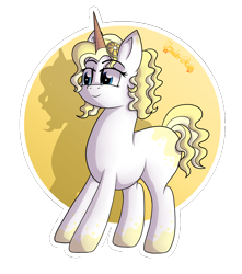 Size: 4280x4833 | Tagged: safe, artist:tenderrain-art, oc, oc only, food pony, ice cream pony, pony, unicorn, absurd resolution, blonde mane, blonde tail, blue eyes, circle background, coat markings, curly mane, curly tail, ear markings, female, female oc, food, horn, ice cream, ice cream cone, ice cream horn, lemon, mare, mare oc, shadow, short mane, short tail, simple background, smiling, socks (coat markings), solo, standing, tail, two toned mane, two toned tail, white background, white coat