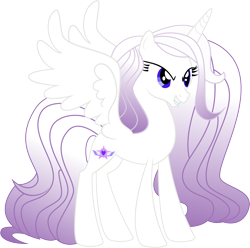 Size: 7277x7226 | Tagged: safe, artist:shootingstarsentry, oc, oc only, oc:viola sparkle, alicorn, pony, g4, absurd resolution, art trade, base used, concave belly, eyelashes, female, gradient mane, gradient tail, horn, long mane, long tail, mare, narrowed eyes, purple eyes, show accurate, simple background, slender, smiling, solo, spread wings, tail, thin, transparent background, unicorn horn, wavy mane, wavy tail, white coat, wings