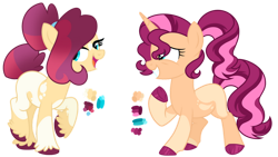 Size: 1280x723 | Tagged: safe, artist:monochrome-sunsets, oc, oc only, earth pony, pony, unicorn, g4, base used, cloven hooves, color palette, colored hooves, duo, duo female, eyelashes, female, gradient mane, gradient tail, hair bun, half-siblings, half-sisters, hooves, horn, leg markings, lidded eyes, looking at someone, magenta hooves, magenta mane, magenta tail, magical lesbian spawn, mare, multicolored mane, multicolored tail, offspring, open mouth, open smile, orange coat, parent:applejack, parent:rarity, parent:sunset shimmer, parents:rarijack, parents:sunsarity, ponytail, red hooves, reference sheet, shiny hooves, show accurate, simple background, smiling, smiling at someone, splotches, standing on three hooves, standing on two hooves, striped mane, striped tail, tail, tail bun, tied mane, tied tail, transparent background, unicorn horn, unshorn fetlocks, wall of tags