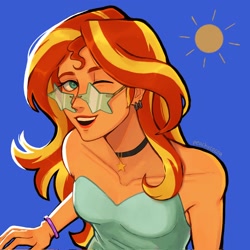 Size: 2048x2048 | Tagged: safe, artist:peachycocoa, sunset shimmer, human, equestria girls, g4, bare shoulders, cute, female, looking at you, one eye closed, shimmerbetes, sleeveless, solo, strapless, sun, sunshine shimmer, wink, winking at you