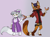 Size: 1920x1432 | Tagged: safe, artist:malinraf1615, capper dapperpaws, opalescence, abyssinian, anthro, digitigrade anthro, g4, abyssinianized, alternate design, duo, duo male and female, female, gradient background, holding hands, male, species swap