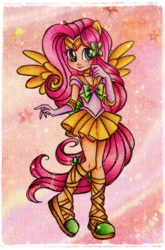 Size: 1353x2048 | Tagged: safe, artist:dariarchangel, part of a set, fluttershy, human, equestria girls, g4, beautiful, big eyes, blushing, bow, butterfly hairpin, choker, chokershy, clothes, cosplay, costume, cute, element of kindness, female, gloves, human coloration, humanized, jewelry, long gloves, long hair, long legs, miniskirt, pink hair, ponied up, pony ears, sailor fluttershy, sailor kindness, sailor moon (series), sailor senshi, sailor uniform, shy, shy smile, shyabetes, skirt, smiling, solo, sparkles, spread wings, stars, thin, tiara, traditional art, uniform, winged humanization, wings, woman, yellow wings