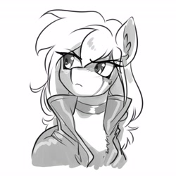 Size: 4096x4096 | Tagged: safe, artist:opalacorn, oc, oc only, earth pony, pony, bust, chest fluff, choker, clothes, commission, ear fluff, female, furrowed brow, grayscale, jacket, looking around, mare, monochrome, simple background, solo, white background