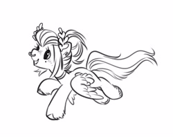 Size: 3827x3027 | Tagged: safe, artist:opalacorn, oc, oc only, oc:void, pegasus, pony, black and white, ear tufts, female, flying, grayscale, grin, laurel wreath, lineart, mare, mole, monochrome, nose piercing, nose ring, piercing, simple background, smiling, solo, white background