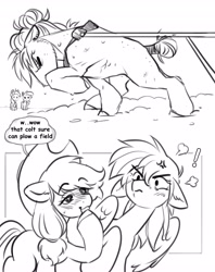 Size: 3248x4096 | Tagged: safe, artist:opalacorn, applejack, rainbow dash, oc, oc:alnitak, earth pony, pegasus, pony, g4, 2 panel comic, black and white, blushing, comic, cross-popping veins, crush, dialogue, emanata, exclamation point, eyebrows, eyebrows visible through hair, female, floppy ears, flustered, grayscale, heart, heart eyes, horse collar, jealous, male, mare, monochrome, plow, simple background, speech bubble, stallion, swoon, trio, white background, wingding eyes