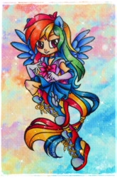 Size: 2072x3136 | Tagged: safe, artist:dariarchangel, part of a set, rainbow dash, human, equestria girls, g4, beautiful, blue skirt, blue wings, boots, bow, choker, clothes, cloud, confident, cosplay, costume, crossover, cute, dashabetes, ear piercing, earring, element of loyalty, female, fist, flying, gloves, human coloration, humanized, jewelry, long gloves, long hair, looking up, miniskirt, multicolored hair, piercing, pink eyes, ponied up, pony ears, rainbow hair, raised leg, sailor loyalty, sailor moon (series), sailor rainbow dash, sailor senshi, sailor uniform, shoes, skirt, smiling, solo, sparkles, tiara, traditional art, uniform, winged humanization, winged shoes, wings, woman