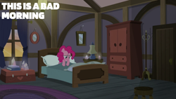 Size: 2000x1125 | Tagged: safe, edit, edited screencap, editor:quoterific, screencap, pinkie pie, g4, the maud couple, bed, desk lamp, pillow, pinkie's bedroom, solo, window