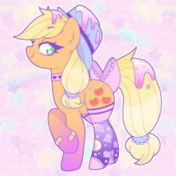 Size: 1750x1750 | Tagged: safe, artist:vivian reed, part of a set, applejack, earth pony, pony, g4, abstract background, bandaid, bow, choker, chokerjack, clothes, eyebrows, eyebrows visible through hair, fairy kei, female, food, frosting, gradient hooves, gradient legs, lidded eyes, mare, no pupils, smiling, socks, solo, stockings, tail, tail bow, thigh highs, toeless legwear, toeless stockings