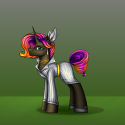 Size: 3000x3000 | Tagged: safe, artist:darklight1315, oc, oc only, oc:true rise, pony, unicorn, fallout equestria, clothes, concept art, dress, ear piercing, earring, fallout equestria: mayday, feather, gold jewelry, gradient mane, horn, jewelry, necklace, piercing, pre-war, shoes, solo, stockings, talisman, thigh highs