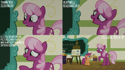 Size: 2000x1125 | Tagged: safe, edit, edited screencap, editor:quoterific, screencap, cheerilee, scootaloo, earth pony, pony, g4, parental glideance, season 7, chalkboard, classroom, duo, duo female, female, filly, foal, mare, pasta and potato sandwich on sourdough, ponyville schoolhouse, raised hoof, smiling, spread wings, standing on three hooves, talking, text, trash can, wings