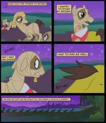 Size: 2160x2516 | Tagged: safe, artist:mr100dragon100, oc, oc:ahmose, oc:amisi, earth pony, pegasus, unicorn, comic:throne of dracula the secret world, bullet, comic, egyptian, egyptian headdress, egyptian pony, forest, horn, mummy, nature, night, tree