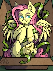 Size: 1620x2160 | Tagged: safe, artist:gigisarts, fluttershy, pegasus, pony, g4, blue eyes, box, cute, detailed background, looking at you, pony in a box, present, smiling, solo