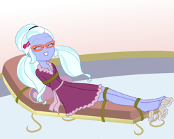 Size: 2500x2000 | Tagged: safe, artist:nie-martw-sie-o-mnie, part of a set, sugarcoat, human, equestria girls, g4, bathrobe, bondage, clothes, eyes closed, feather, feet, foot tickling, glasses, hairclip, robe, rope, rope bondage, solo, spa, tickling, tied down