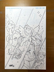 Size: 743x1000 | Tagged: safe, artist:tony fleecs, idw, official comic, firefly, izzy moonbow, minty, spike, sundance (g2), sunny starscout, twilight sparkle, alicorn, dragon, earth pony, pegasus, pony, unicorn, g1, g2, g3, g4, g5, my little pony 40th anniversary special, official, 40th anniversary, comic cover, cover, cover art, female, generational ponidox, horn, irl, lineart, male, mare, photo, san diego comic con, sdcc 2023, sunny and her heroine, traditional art, twilight sparkle (alicorn), winged spike, wings