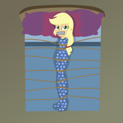 Size: 2500x2500 | Tagged: safe, artist:nie-martw-sie-o-mnie, part of a set, applejack, human, equestria girls, g4, applesub, bed, bondage, bound and gagged, clothes, femsub, footed sleeper, footie pajamas, gag, looking at you, lying down, on back, onesie, pajamas, pillow, rope, rope bondage, solo, submissive, tape, tape gag, tied down, tied to bed, tied up