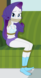 Size: 2000x3752 | Tagged: safe, artist:nie-martw-sie-o-mnie, part of a set, rarity, human, equestria girls, g4, bondage, bound and gagged, boyshorts, bra, cloth gag, clothes, couch, feet, gag, looking at you, panties, rope, rope bondage, sitting, socks, solo, stocking feet, tied up, underwear