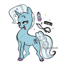 Size: 623x623 | Tagged: safe, artist:emptygoldstudio, trixie, pony, unicorn, g4, alternate hairstyle, alternate universe, braid, cloven hooves, comb, female, hairspray, horn, levitation, lidded eyes, looking at you, magic, mare, open mouth, open smile, scissors, short hair, short hair trixie, short mane, short mane trixie, simple background, smiling, smiling at you, solo, telekinesis, white background