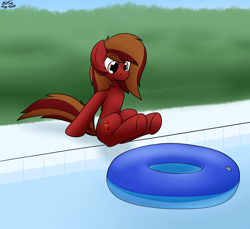 Size: 2430x2226 | Tagged: safe, artist:the-furry-railfan, oc, oc only, oc:cherry spirit, earth pony, grass, hedge, inner tube, opaque inflatable, pool toy, poolside, solo, swimming pool, underhoof, water